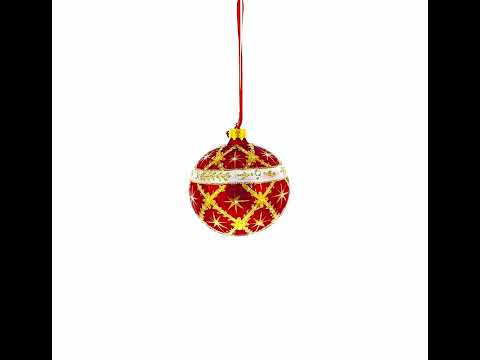 Diamond Trellis on Red Glass Ball Christmas Ornament 3.25 Inches