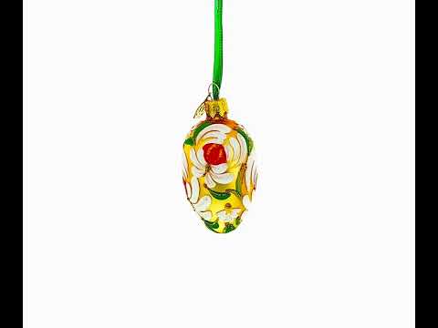 Golden with White and Orange Floral Swirl Design Mini Glass Egg Ornament 2.9 Inches