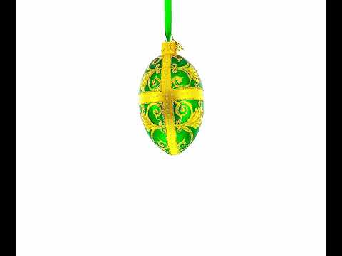 Golden Leaves On Green Glass Egg Ornament 4 Inches