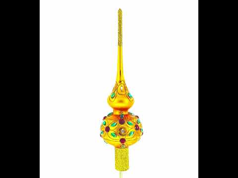 Dimensional Multicolored Jewels on Gold Mouth Blown Glass Christmas Tree Topper 11 Inches