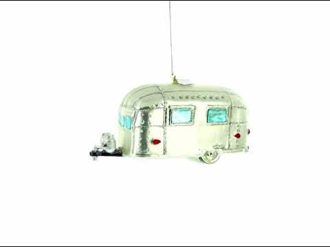 Camper Trailer with Awning Blown Glass Christmas Ornament