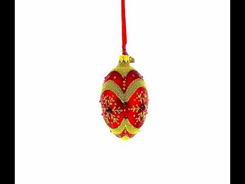 Golden Snowflake on Red Glass Egg Ornament 4 Inches