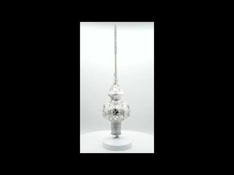 Dimensional White Jewels Star on Glossy Silver Artisan Hand Crafted Mouth Blown Glass Christmas Tree Topper 11 Inches