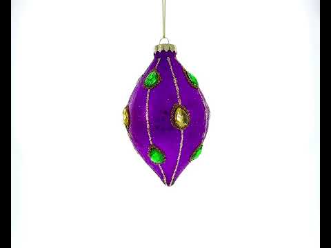 Adorno navideño de vidrio con remate en forma de rombo morado y detalles de joyas