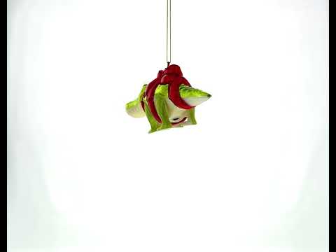 Alligator Adorned with Gift Ribbon - Blown Glass Christmas Ornament