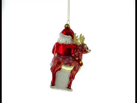 Santa's Sleigh Ride: Santa with Reindeer Blown Glass Christmas Ornament