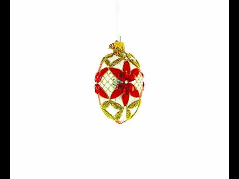 Red Jeweled Stars on White Glass Egg Ornament 4 Inches