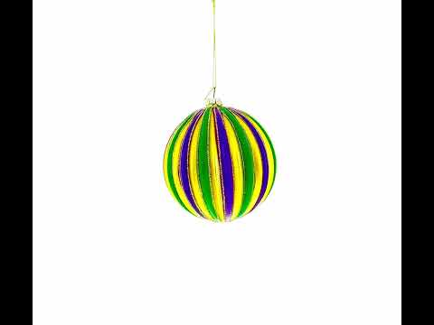 Striped Purple, Green, and Gold Glass Ball Christmas Ornament