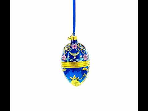 Flowers on Glossy Blue Glass Egg Christmas Ornament 4 Inches