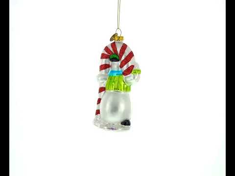 Snowman with the Mint Candy Cane Glass Christmas Ornament