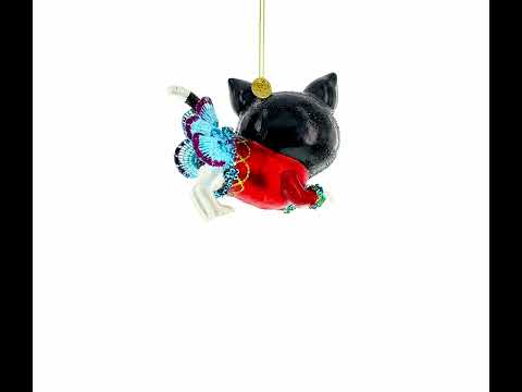 Black Cat Wearing a Dress Blown Glass Christmas Ornament