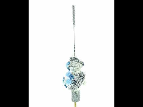 Dimensional Blue Roses and Flowers on Silver Blown Glass Christmas Tree Topper 11 Inches