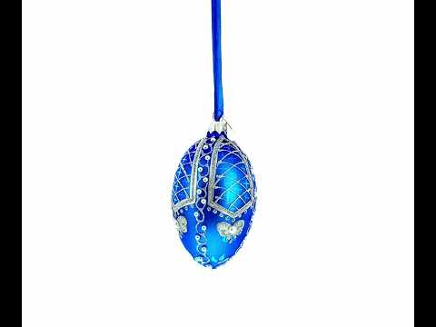 Pearls on Blue Glass Egg Ornament 4 Inches