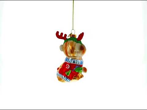 Pug Wearing Reindeer Antlers Blown Glass Christmas Ornament