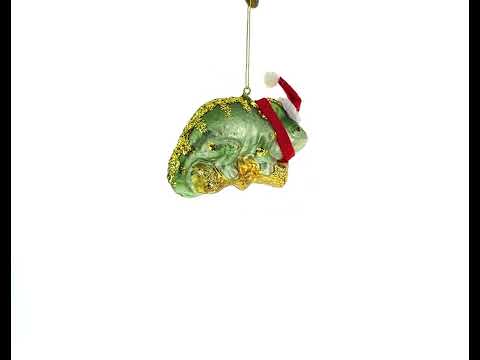 Chameleon in Santa Hat Blown Glass Christmas Ornament