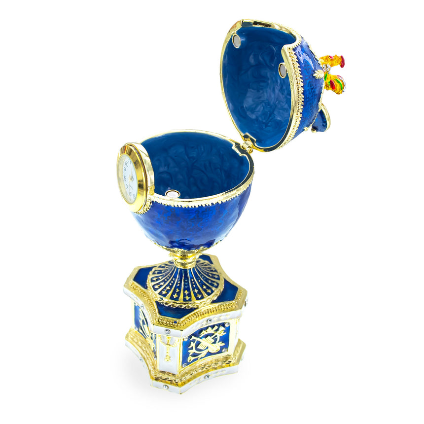 1904 Kelch Chanticleer Blue Enamel Royal Imperial Easter Egg with Clock ,dimensions in inches: 6.4 x 3.2 x 3.2