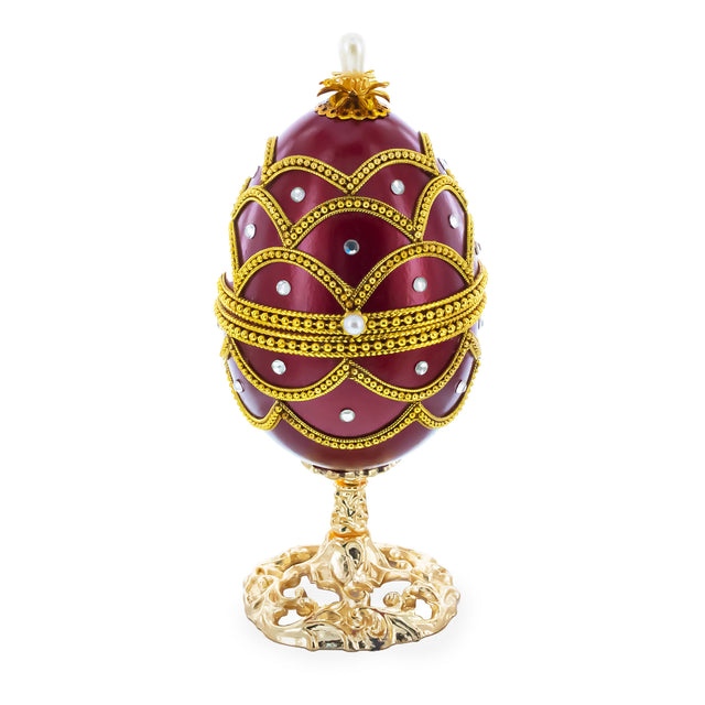 Pewter Real Eggshell Royal Inspired Musical Easter Egg 5.4 Inches in Red color Oval