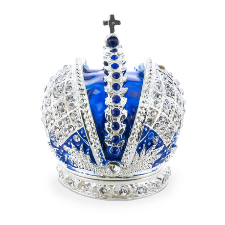 Pewter Royal Crown with Cross in Blue Enamel Jewelry Trinket Box Figurine in Multi color