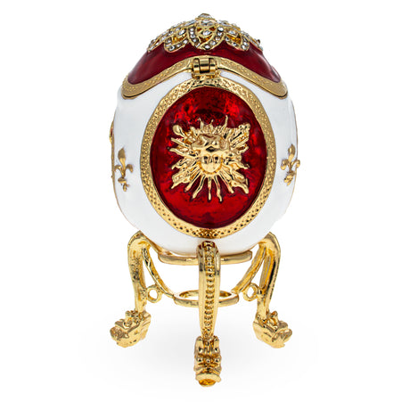 Fleur-de-lis on Red and White Royal Inspired Imperial Easter Egg ,dimensions in inches: 3.47 x 1.82 x 1.82