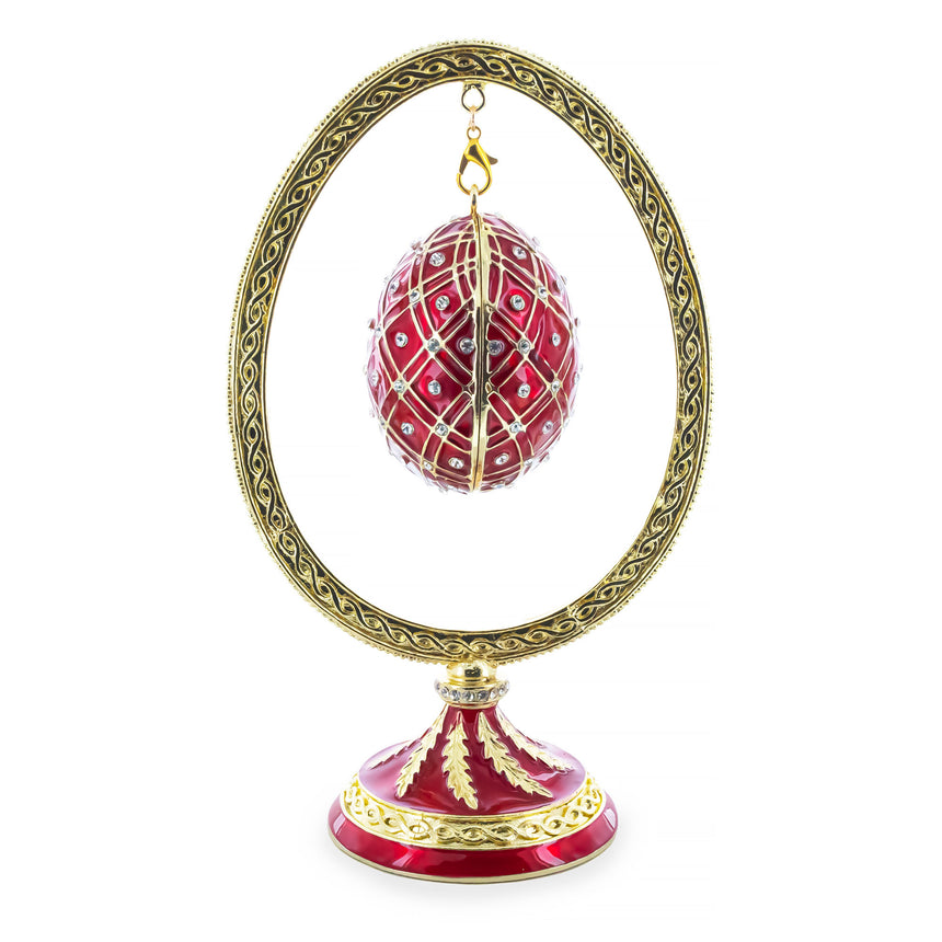 Pewter Red Enamel Jeweled Easter Egg in the Egg Shaped Display Holder Figurine in Red color Oval