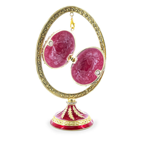 Red Enamel Jeweled Easter Egg in the Egg Shaped Display Holder Figurine ,dimensions in inches: 5.6 x 3.4 x 3.4