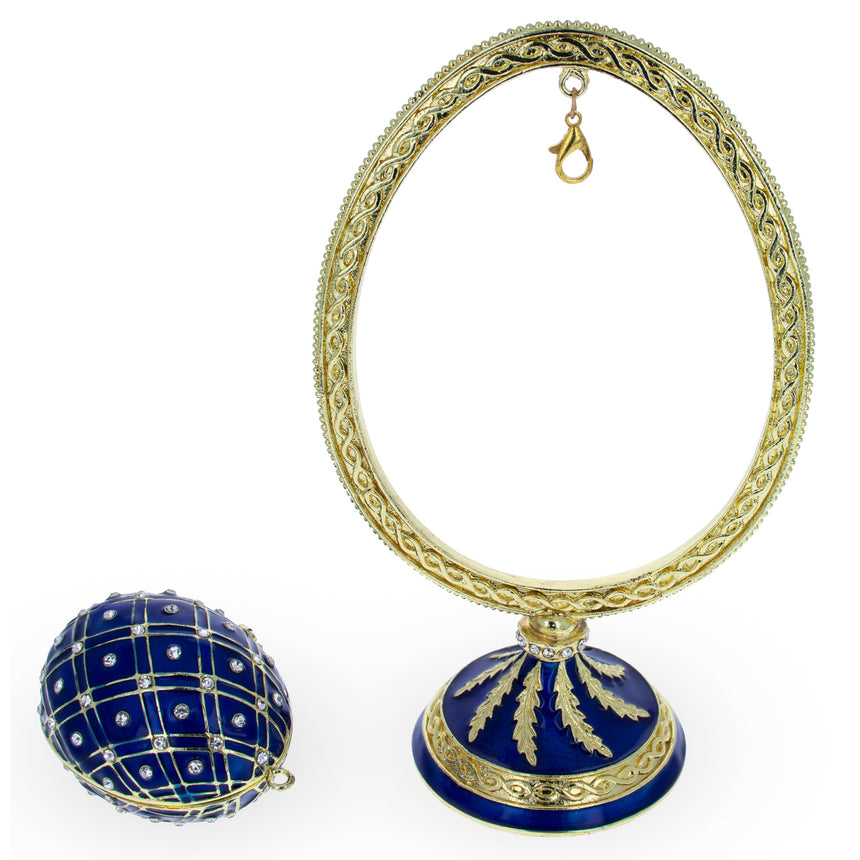 Blue Enamel Jeweled Easter Egg in the Egg Shaped Display Holder Figurine ,dimensions in inches: 5.6 x 3.4 x 3.4