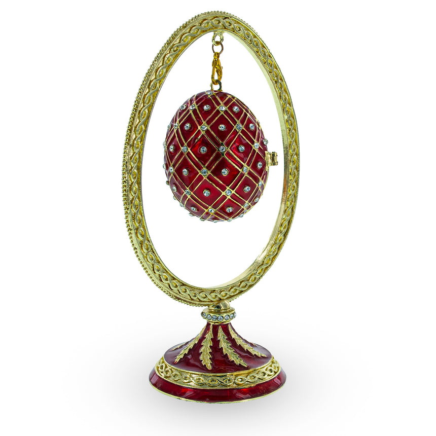 Red Enamel Jeweled Easter Egg in the Egg Shaped Display Holder Figurine ,dimensions in inches: 5.6 x 3.4 x 3.4