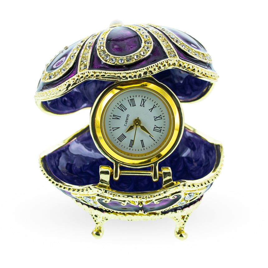 Bejeweled Purple Enamel Egg Figurine with Clock ,dimensions in inches: 2.12 x 1.95 x