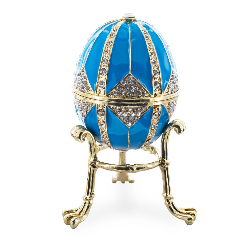 Pewter Crystal Rhombus on Blue Enamel Royal Inspired Metal Easter Egg 3.15 Inches in Blue color Oval