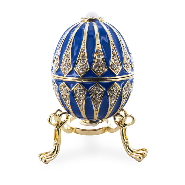 Pewter Blue Enamel Jeweled Royal Inspired Metal Easter Egg 3.25 Inches in Blue color Oval