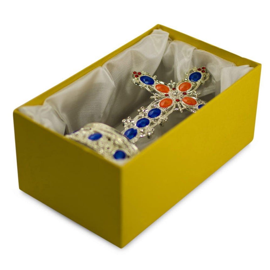 Bejeweled Standing Metal Cross Trinket or Rosary Box ,dimensions in inches: 6.25 x 2.6 x 2.6