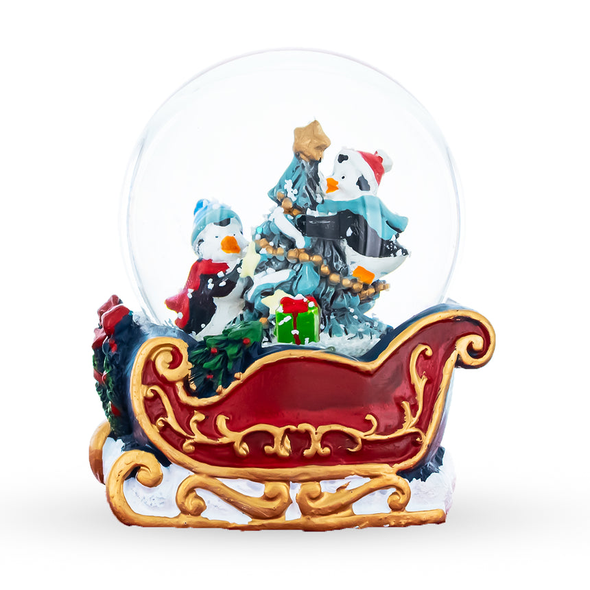 Glass Penguin Sleigh Ride Mini Water Snow Globe in Red color Round