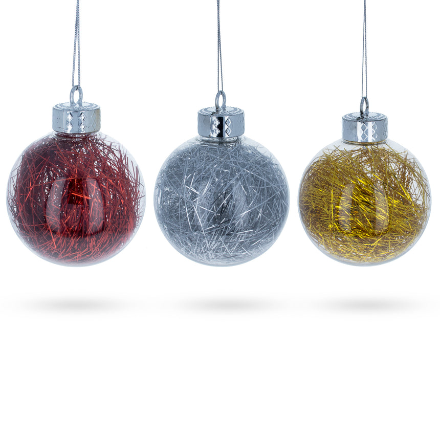 Plastic Set of 3 Filled Colorful Clear Plastic Christmas Ornaments 4 Inches in Clear color Round