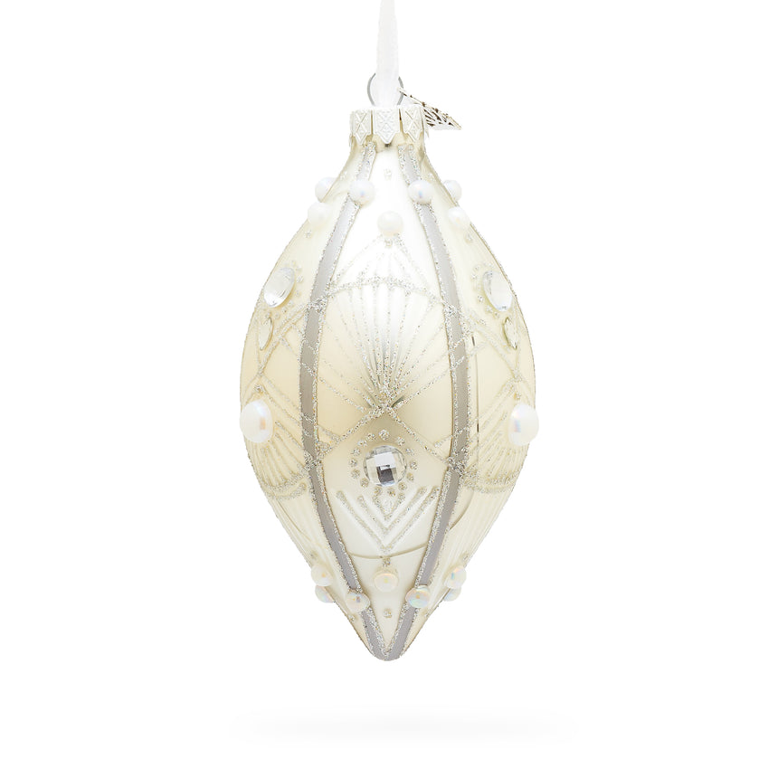 Glass Pearls on Silver Pointed Teardrop Finial Glass Christmas Ornament in White color Rhombus