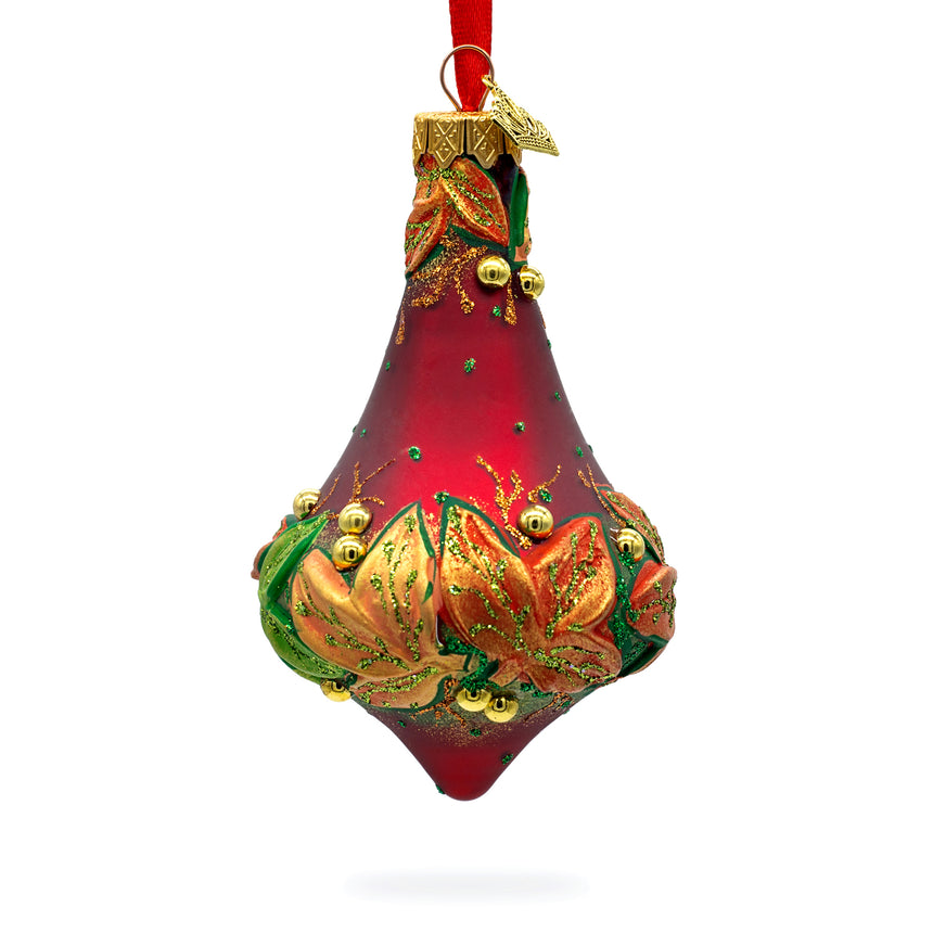 Glass Leaves on Red Bell Finial Glass Christmas Ornament in Red color Finial