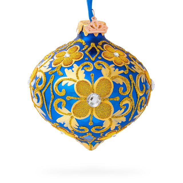 Glass Jeweled Golden Leaves on Blue Pointed Teardrop Finial Glass Christmas Ornament in Blue color Rhombus