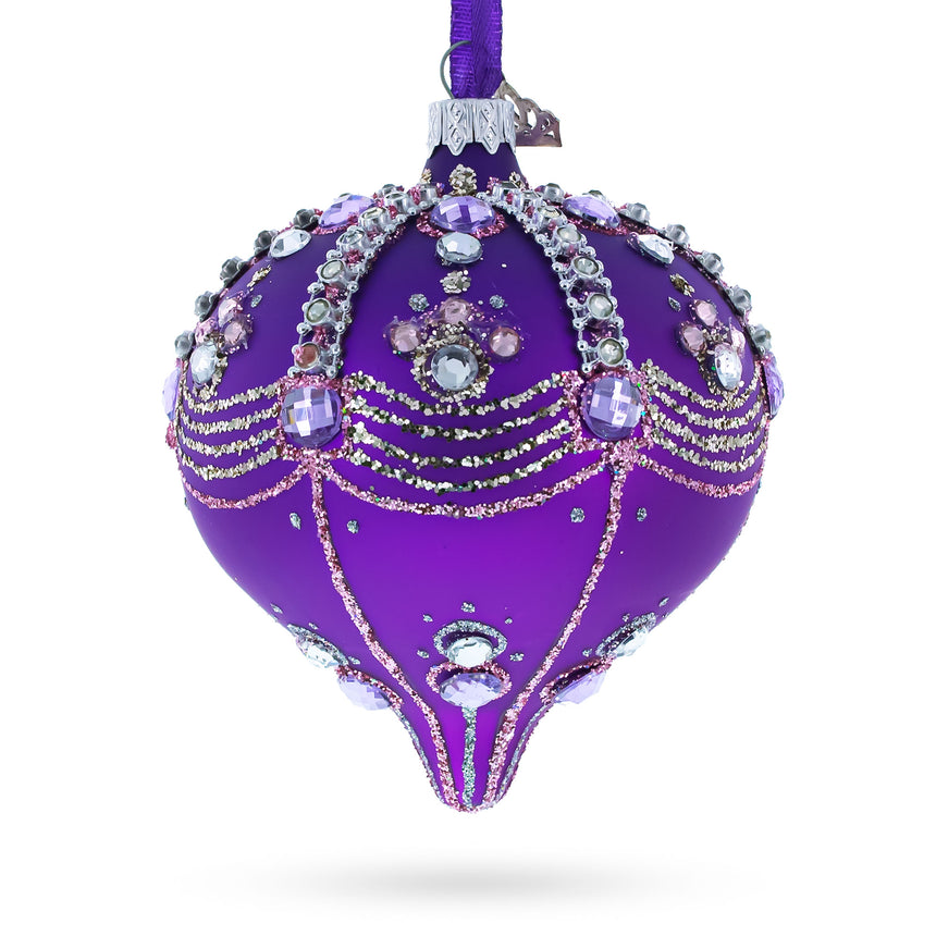 Glass Sparkly Diamonds on Purple Teardrop Finial Glass Christmas Ornament in Purple color Rhombus