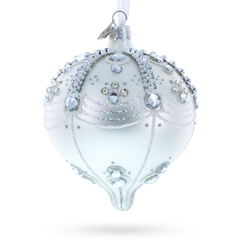 Glass White Jewels on Silver Teardrop Shape Glass Ornament in White color Finial