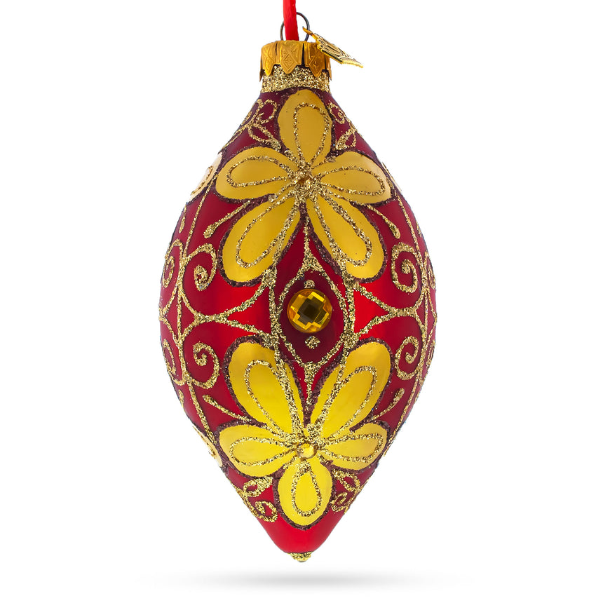 Glass Golden Flowers Pointed Teardrop Finial Glass Christmas Ornament in Red color Rhombus