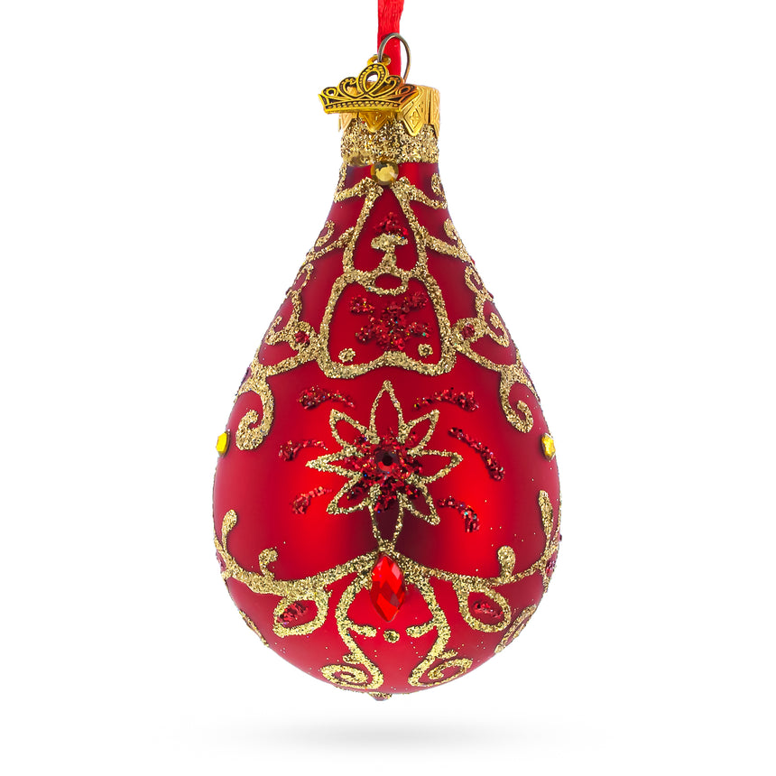 Glass Golden Flowers on Red Waterdrop Finial Glass Christmas Ornament in Red color