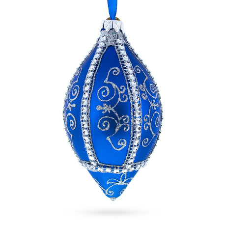 Glass Jeweled Pattern on Blue Pointed Teardrop Finial Glass Christmas Ornament in Blue color Finial