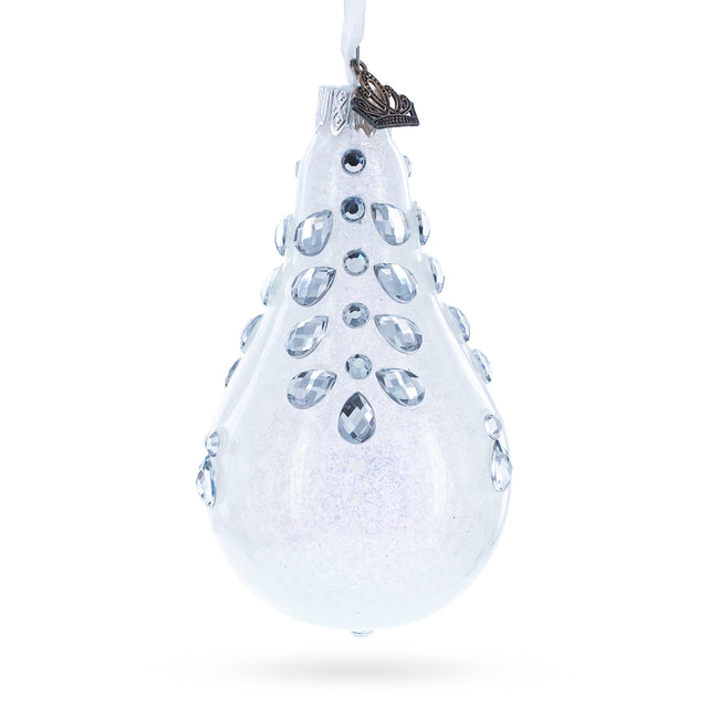 Glass Diamonds on Clear Waterdrop Finial Glass Christmas Ornament in White color