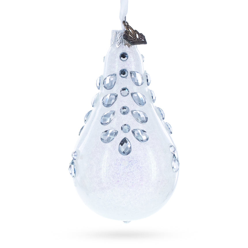 Glass Diamonds on Clear Waterdrop Finial Glass Christmas Ornament in White color Finial