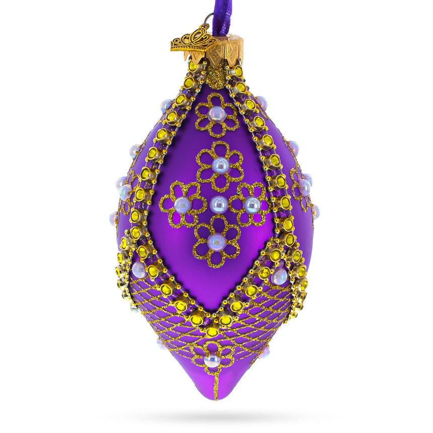 Glass Golden Pearl Flowers on Purple Pointed Teardrop Finial Glass Ornament in Purple color Rhombus