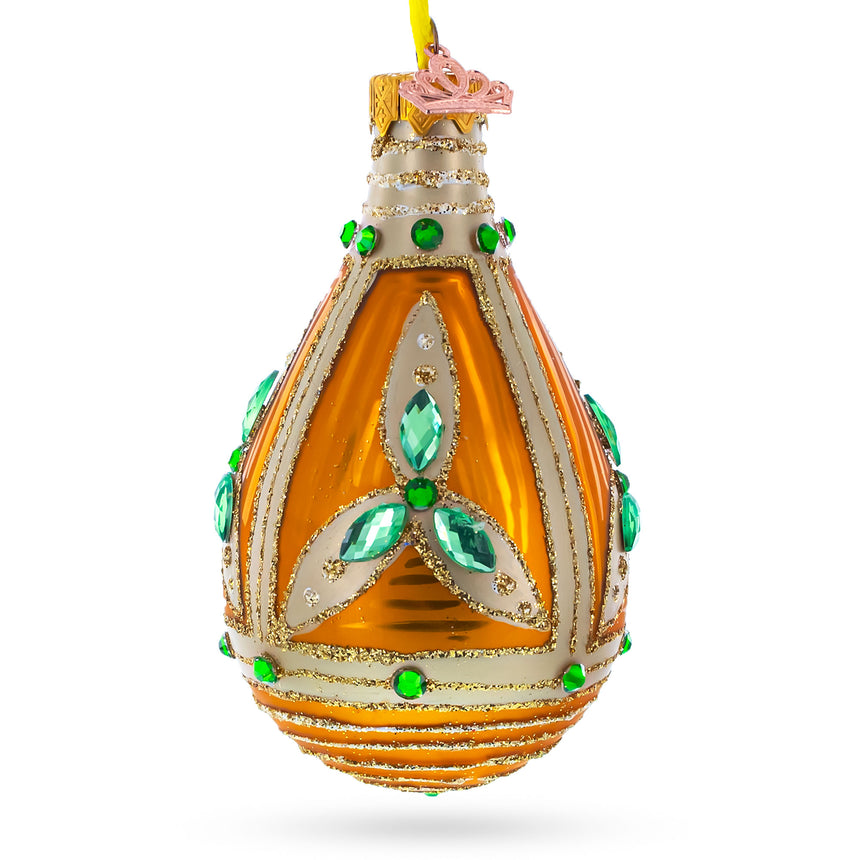 Glass Turquoise Jewels on Striped Gold Glass Waterdrop Finial Christmas Ornament in Orange color Finial