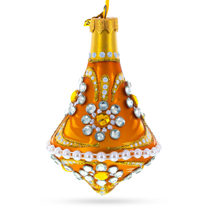 Glass Diamond Jewels on Striped Gold Glass Bell Shape Finial Christmas Ornament in Orange color Finial