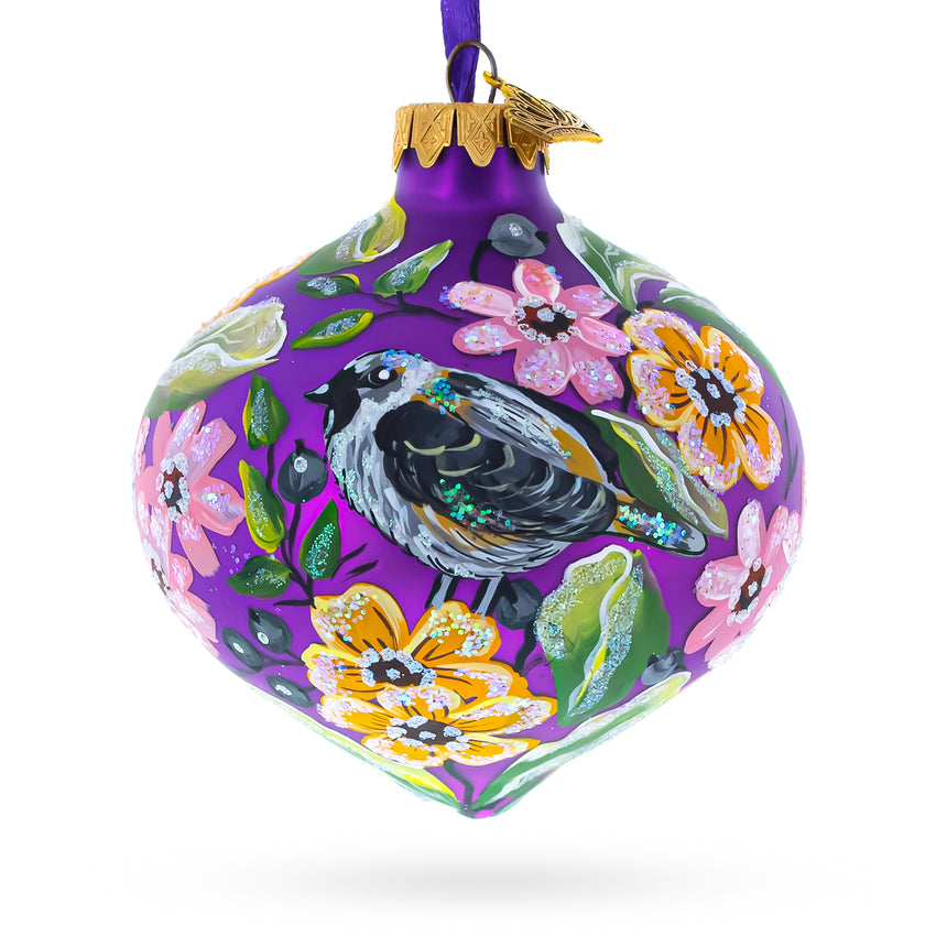 Glass Floral and Bird Design Purple Teardrop Glass Christmas Ornament in Purple color Rhombus