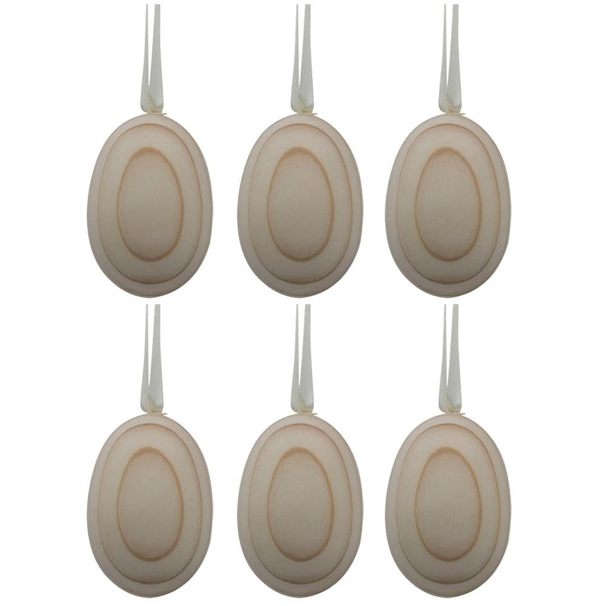 Wood 6 Blank Unpainted Wooden Egg Ornaments on Ribbon 2.75 Inches in Beige color Oval