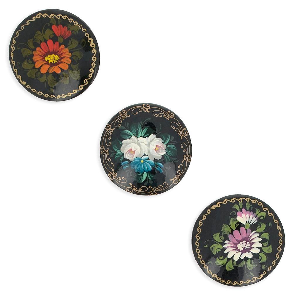 Wood Set of 3 Wooden Black Hand Painted Flower Round Brooches 2 Inches in Multi color Round