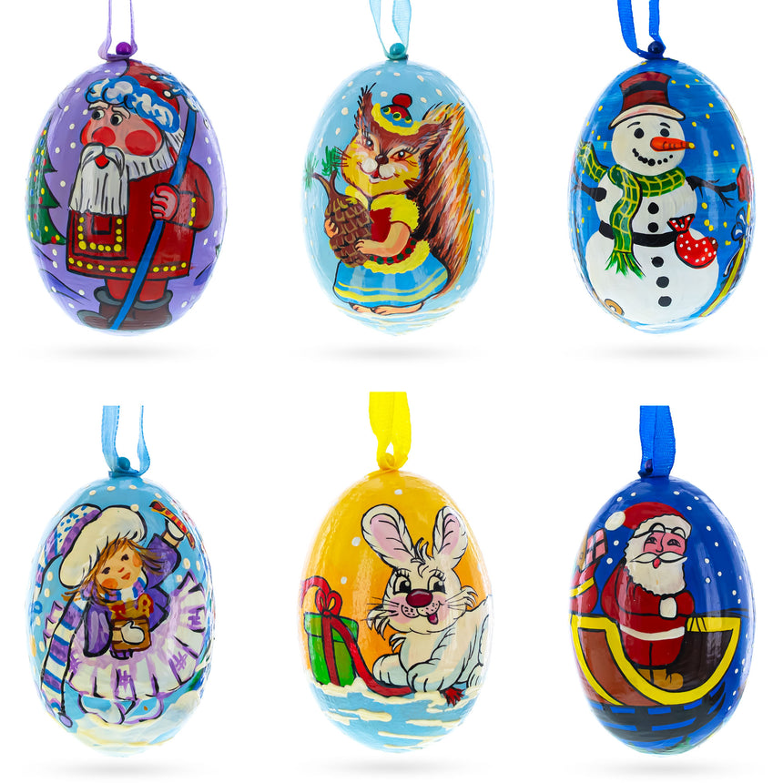 Wood Santa, Snowman, Bunny, Squirrel and Girl Wooden Christmas Ornaments 3 Inches in Multi color Oval